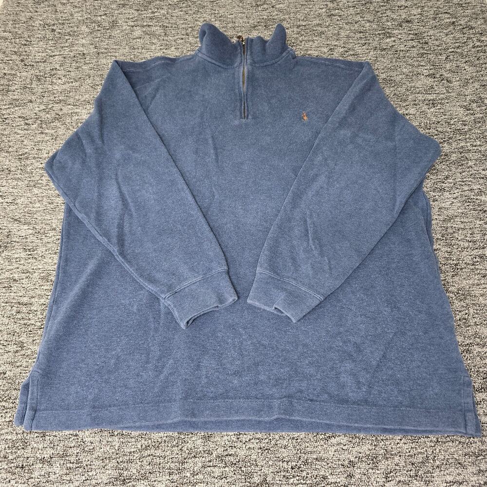 Polo Ralph Lauren 1/4 Zip Pullover Sweater Men's 2XLT Blue Cotton Brown Pony Vtg